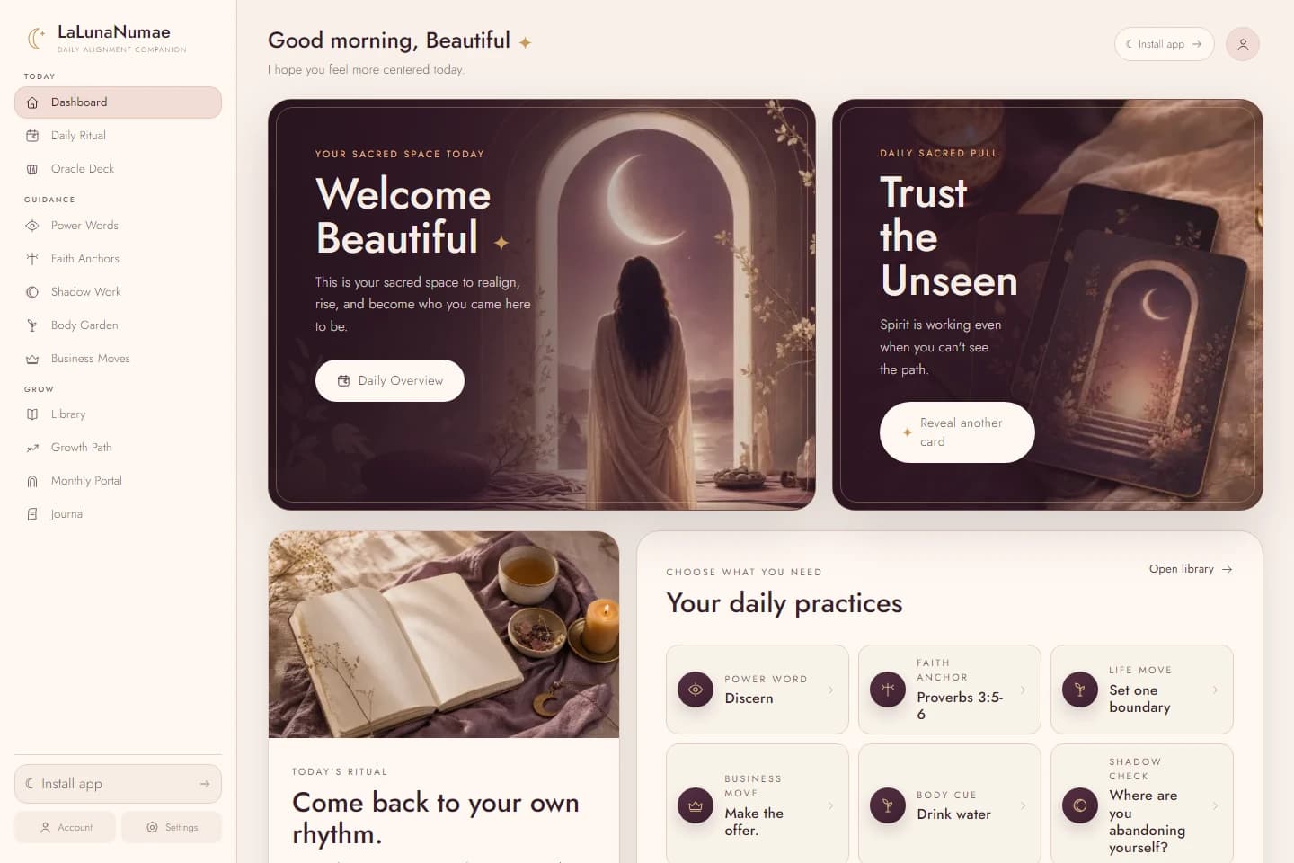 LaLunaNumae desktop dashboard with branded lunar artwork, daily practices, and member navigation